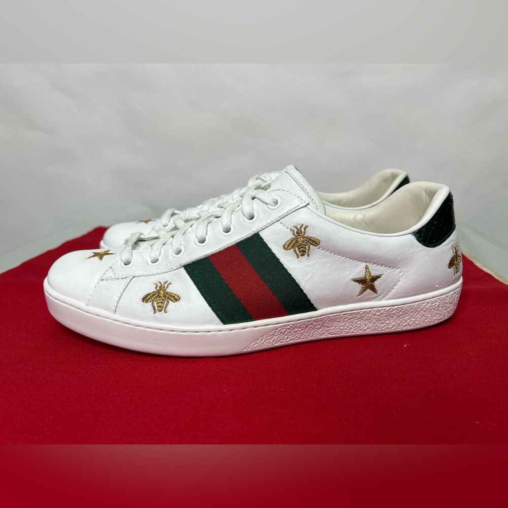 Gucci Ace Sneakers Embroidered Stitched White Green Gold Bees Stars - Picture 3 of 9